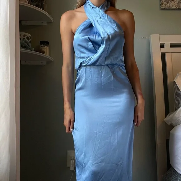 princess polly baby blue dress ZARA Women's Blue Sequin Velvet Slip Dress
